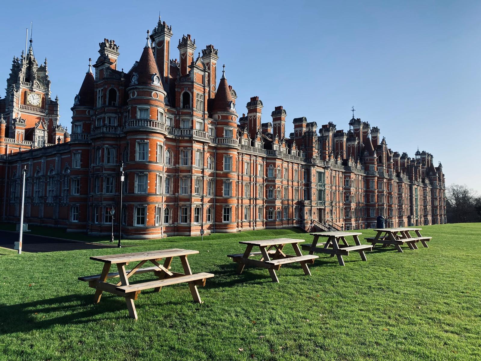 Benches in the Royal Holloway university grounds.